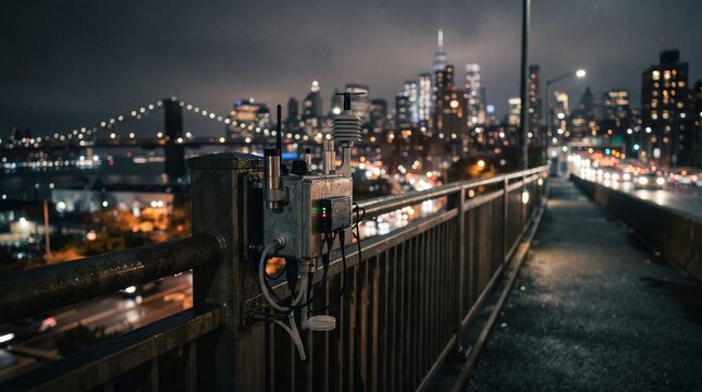 Industrial air quality monitoring sensor device mounted on urban metal bridge railing overlooking blurred city night skyline with glowing car traffic lights background.
