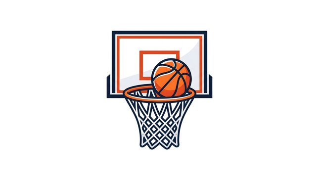 A stylized vector illustration of a basketball entering an orange rim with a net, set against a classic rectangular backboard