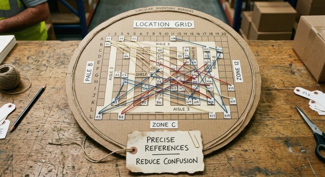 Circular Inventory Location Grid Diagram with String Connections for Logistics Planning