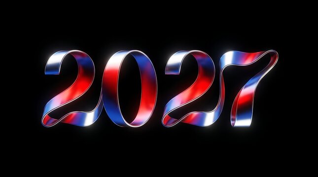 Reflective 3D numbers 2027 in red and blue metallic finish with metallic number