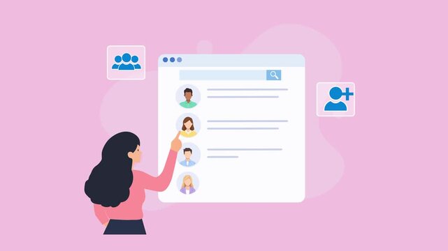 Animated video showing a person managing multiple customer profiles in a digital interface, with team collaboration and add-user icons on a soft pink background.