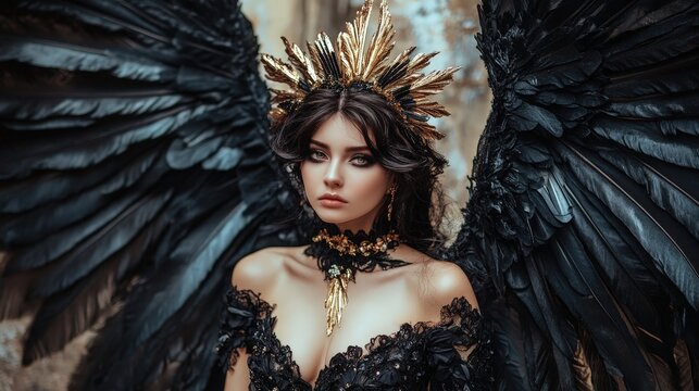 Young woman wearing a golden crown and large black feathered wings in a fantasy costume portrait