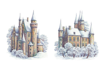 Obraz premium European Winter Snow Castle, Whimsical Watercolor Fairy Tale Architecture, Vector Illustration Isolated on White Background