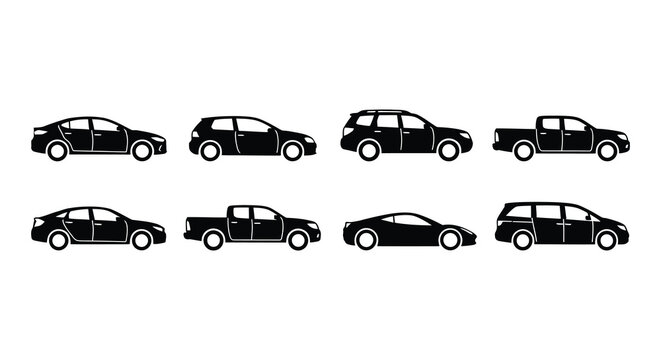 Black silhouettes of various automobile body styles on a white background