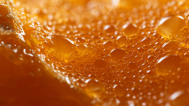 Macro close up of orange juice foam and tiny bubbles