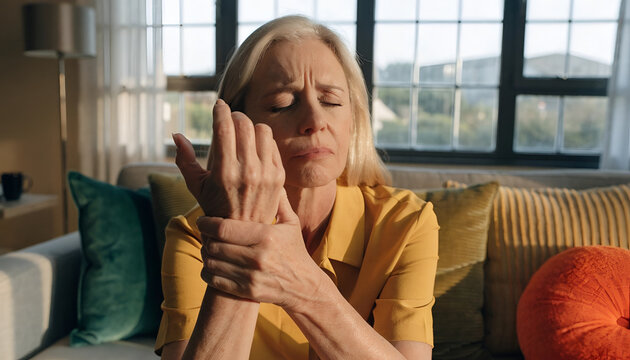 Middle-Aged Woman Experiencing Wrist and Joint Pain at Home, Healthcare and Arthritis Concept
