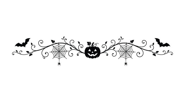Halloween Decorative Top Border &ndash; Halloween decorative border vector, spooky page divider with pumpkin and spider webs, gothic filigree flourish ornament isolated on White Background editable eps