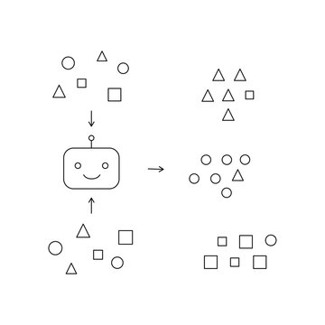 AIクラスタ分析アイコン 類似するデータを人工知能でグループ化・分類する線画イラスト