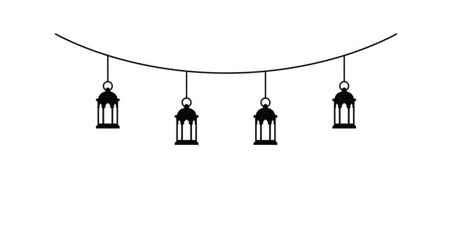 Halloween Decorative Top Border &ndash; Ramadan lantern garland vector, hanging arabic lanterns silhouette, islamic decorative fanous lights for eid celebration isolated on White Background editable