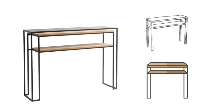 Minimalist industrial console table with metal frame and wood shelves, modern entryway furniture set, sleek hallway accent table