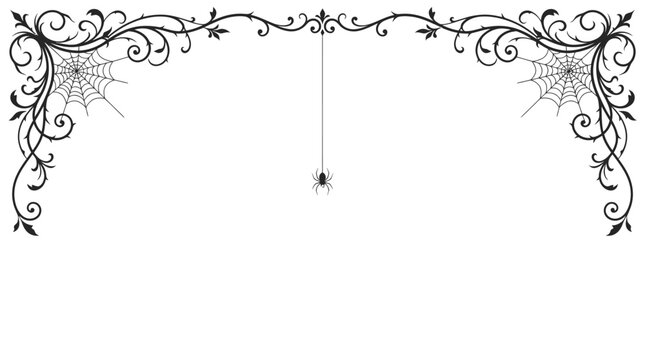 Halloween Decorative Top Border &ndash; Vintage Halloween spider web border, gothic floral filigree frame, spooky victorian corner ornaments with hanging spider vector isolated on White Background