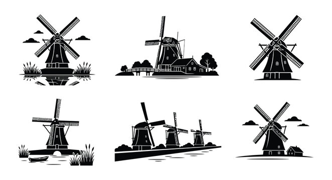 Windmill silhouettes depict rural landscapes with water and vegetation