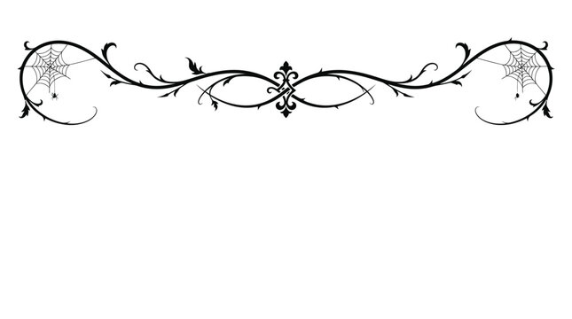 Halloween Decorative Top Border &ndash; Vintage gothic divider with spider webs, ornate black floral scrollwork vector, elegant filigree border for halloween invitations isolated on White Background