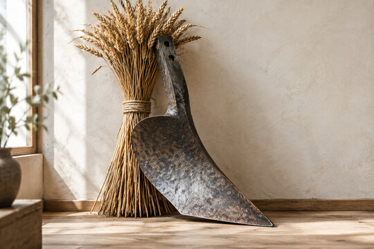 Reforged metal blade shaped into plowshare against dried wheat, peace and farming concept