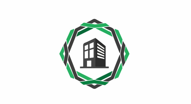 A minimalist flat vector graphic of a small office building surrounded by an interlocking hexagonal forcefield made of thick solid lines. Balanced composition, high white space. Colors: White,