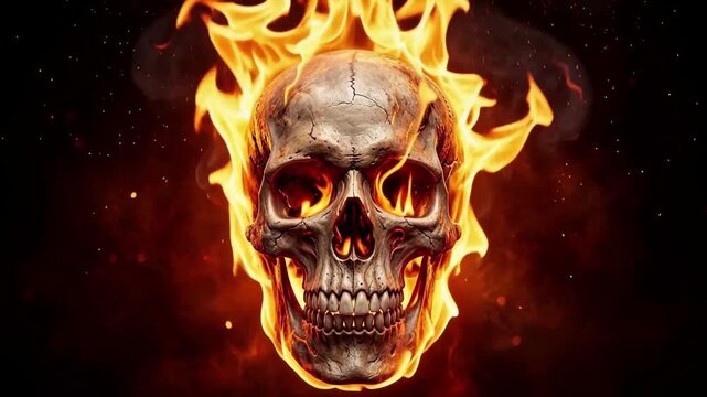 Burning Skull Surrounded by Intense Fire Flames and Sparks on Black Background for halloween
