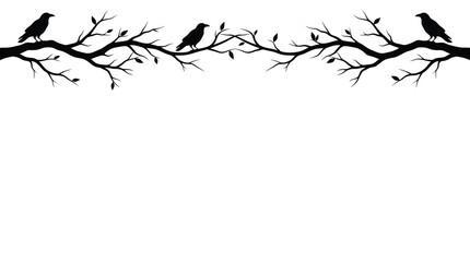 Fototapeta premium Halloween Decorative Top Border – Gothic raven silhouette on tree branches. Black crow bird border vector. Spooky nature frame for Halloween decor. isolated on White Background editable eps