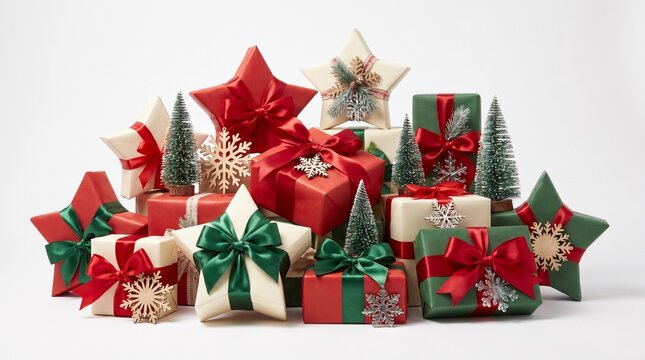 A festive collection of wrapped christmas presents with red ribbons and small green trees on white background