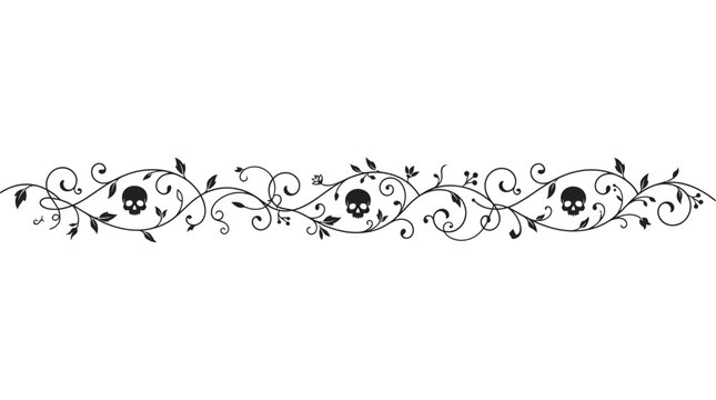 Halloween Decorative Top Border &ndash; Gothic floral border with skulls and vines, ornate black filigree divider, decorative macabre scrollwork vector isolated on White Background editable eps