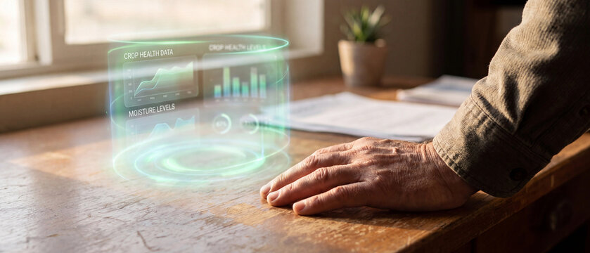 Smart farming crop analytics dashboard, farmer hand reviewing holographic crop health data with moisture level charts, precision agriculture, aggrotech monitoring and agricultural data