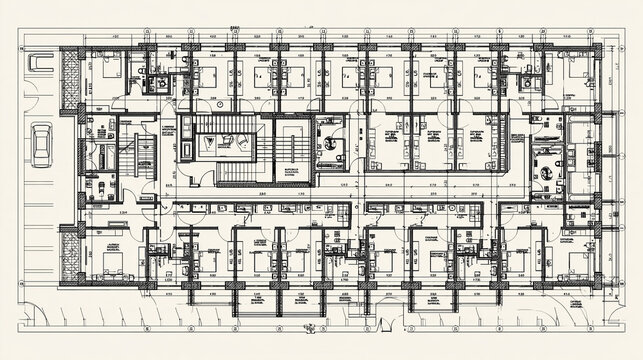 Complex architectural floor plan blueprint with technical dimensions and layout