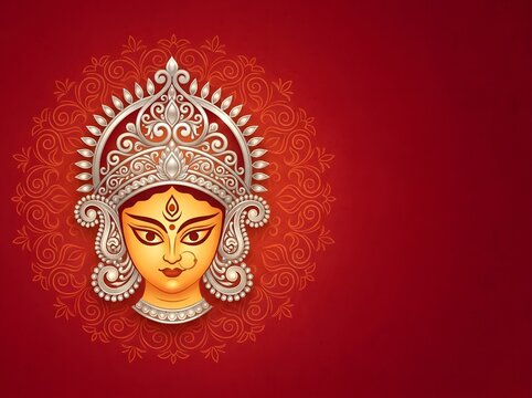 traditional goddess durga maa face with mandalart on red background.