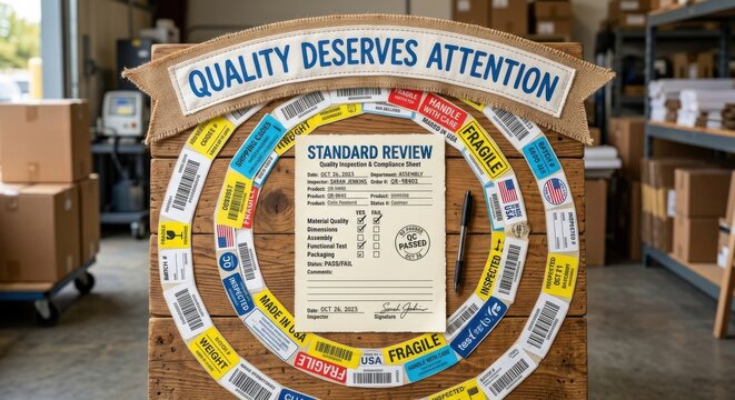 Quality Control Inspection Document Surrounded by Shipping Labels on Wooden Table