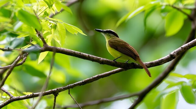 A small yellow bird perches on a tree branch surrounded by lush green leaves in a forest setting