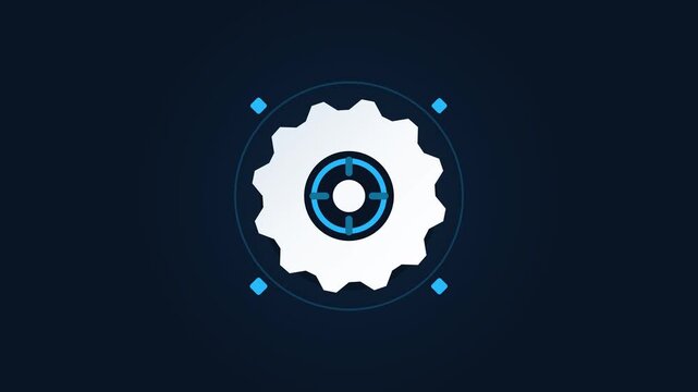 Futuristic gear icon with cyber target interface design on dark blue background for technology concepts