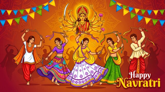 Garba Night Diwali poster for Navratri Dussehra festival of India. vector illustration design of peoples playing Dandiya dance.