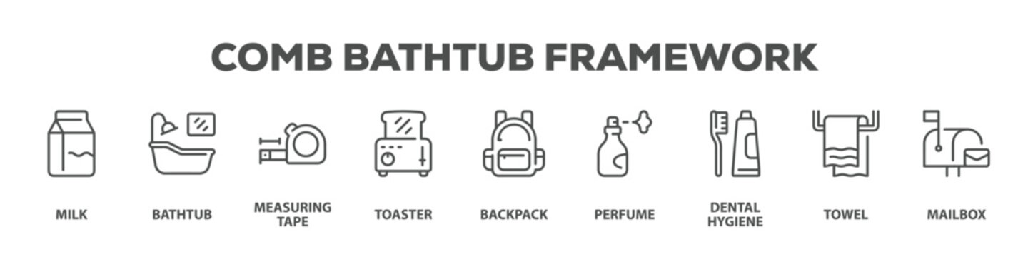 Comb Bathtub Framework with icon of Milk, Bathtub, Measuring tape, Toaster, Backpack, Perfume, Dental hygiene, Towel, Mailbox