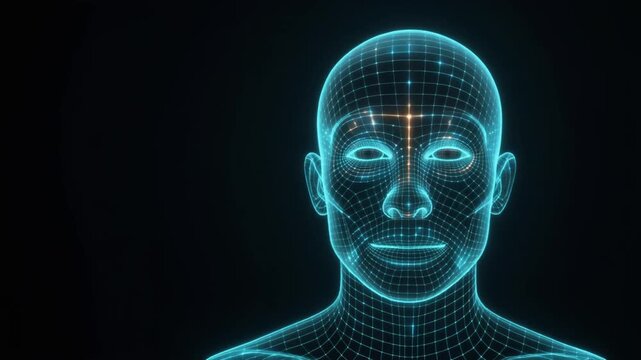 Futuristic Digital Human Face Wireframe with Glowing Blue and Orange Lines Representing AI and Technology