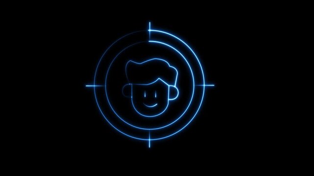 Blue Neon Facial Recognition Target and Smiling Face Biometric Data Tracking Hud (4K Loop)