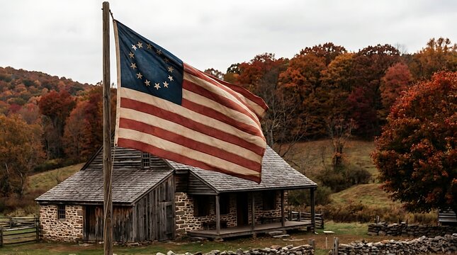 Historical betsy ross american flag waving in front of a rustic log cabin in a colorful autumn forest. 13 colonies flag