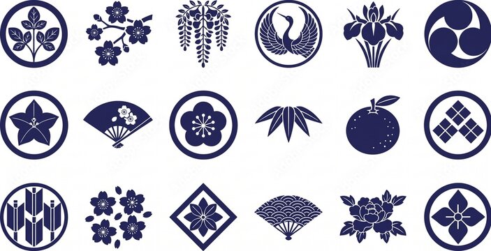 Collection of 18 traditional Japanese Kamon family crests and elegant 2026 silhouette vector icons featuring cherry blossoms, flying crane, folding fans, and floral motifs isolated on a clean white ba