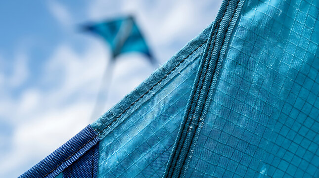 Close-up of blue kite fabric with stitch details against a blurred sky background