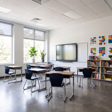 Modern empty classroom with interactive whiteboard and wooden desks