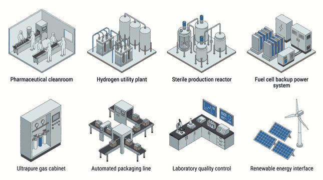 Collection of isometric illustrations depicting various industrial and scientific facilities and technologies.