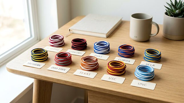 College branded hair tie stacks on a wooden desk with labels
