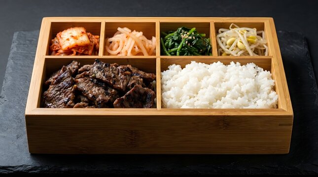 Korean Beef Bulgogi Bento Box with White Rice and Traditional Vegetable Side Dishes
