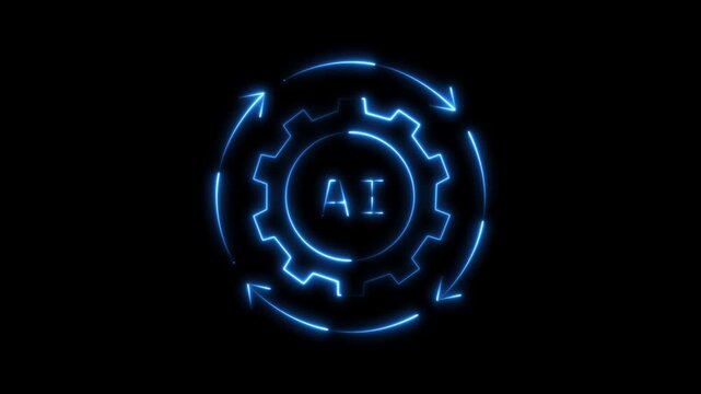 Futuristic glowing blue neon cogwheel and processor icon representing technological growth .Blue neon glowing gear with circuit board elements and circular arrows symbolizing icon 