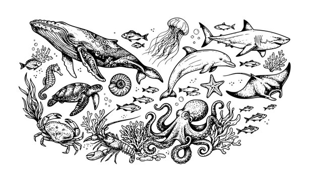 Black Ink Marine Animal Vector Set with Manta Ray Nautilus Coral Fish and Turtle