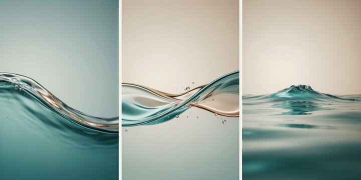 Three abstract water wave compositions with liquid surfaces on a light neutral background