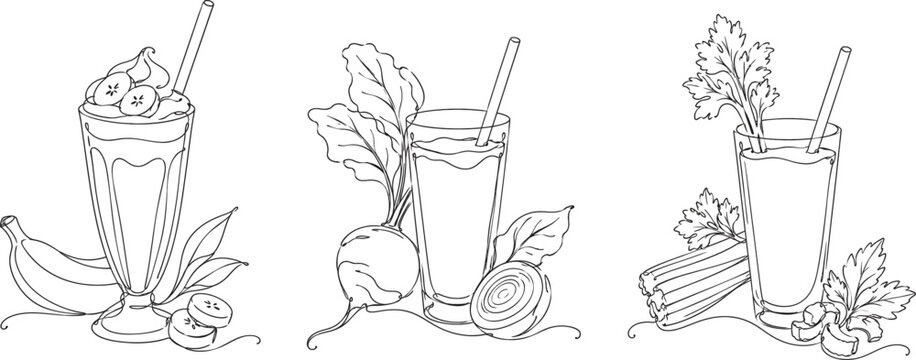 Line art illustrations depict banana beet and celery juice drinks with straws