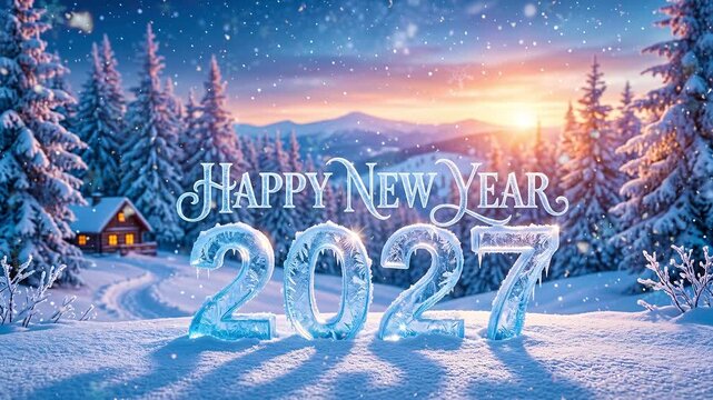 Ice Crystal 2027 Numbers in Snowy Forest at Sunset