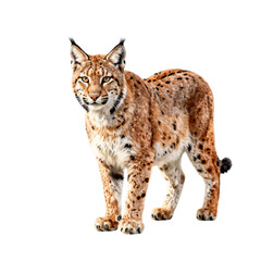 Obraz premium Lynx standing alertly on a white background, facing the viewer
