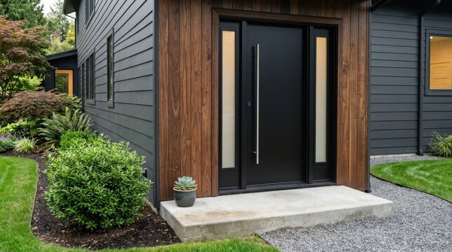 Modern black front door with long handle and wood paneling on dark exterior house