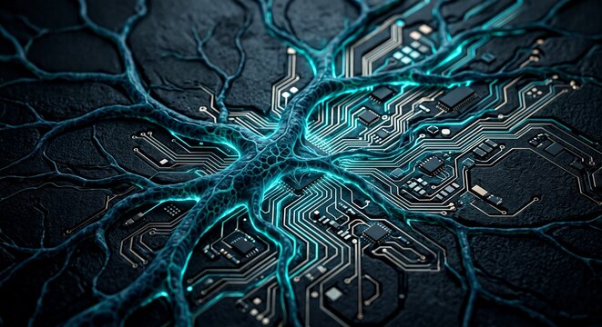 Glowing neural network branches merging with a microchip circuit board