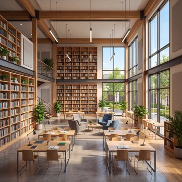 Modern library interior with high ceilings and wooden bookshelves