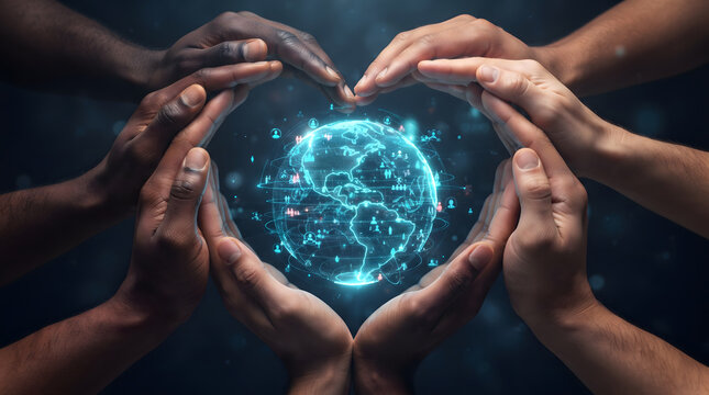 Multiracial hands forming heart frame around glowing digital 3D planet earth globe hologram, world diversity, global unity, ecological protection, and international community care concept